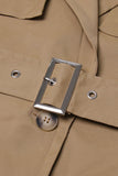 Khaki Notched Lapel Ruffled Long Trench Coat