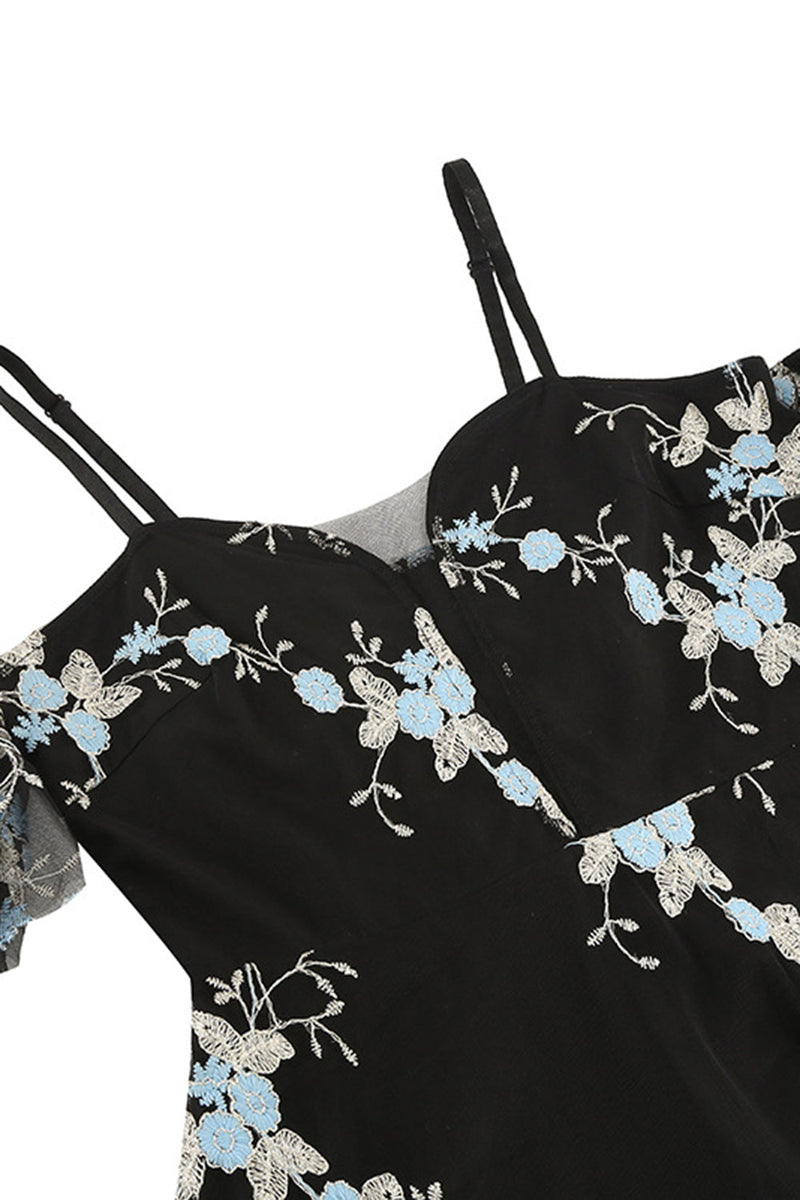 Load image into Gallery viewer, Off the Shoulder Blue 1950s Dress with Embroidery