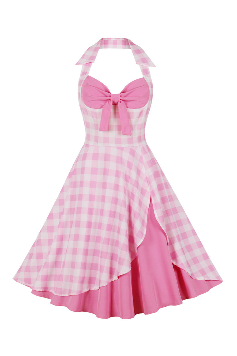 Load image into Gallery viewer, Retro Styles A Line Halter Neck Pink Plaid 1950s Dress