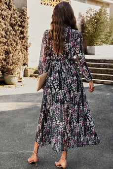 Black Print Long Sleeves Casual Dress with Slit