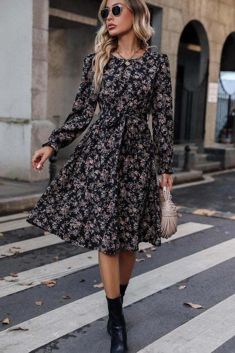 Load image into Gallery viewer, Black Floral Print Long Sleeves Casual Dress