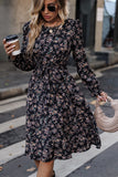 Black Floral Print Long Sleeves Casual Dress