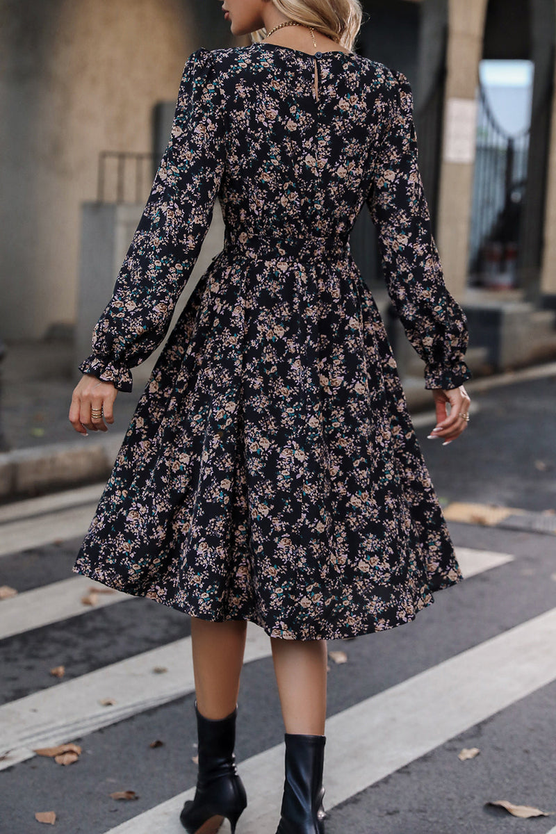 Load image into Gallery viewer, Black Floral Print Long Sleeves Casual Dress