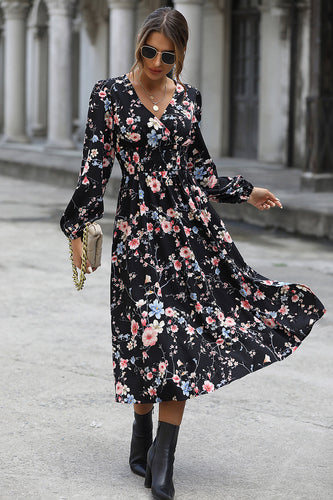 Floral Printed V-neck Long Sleeves Casual Dress