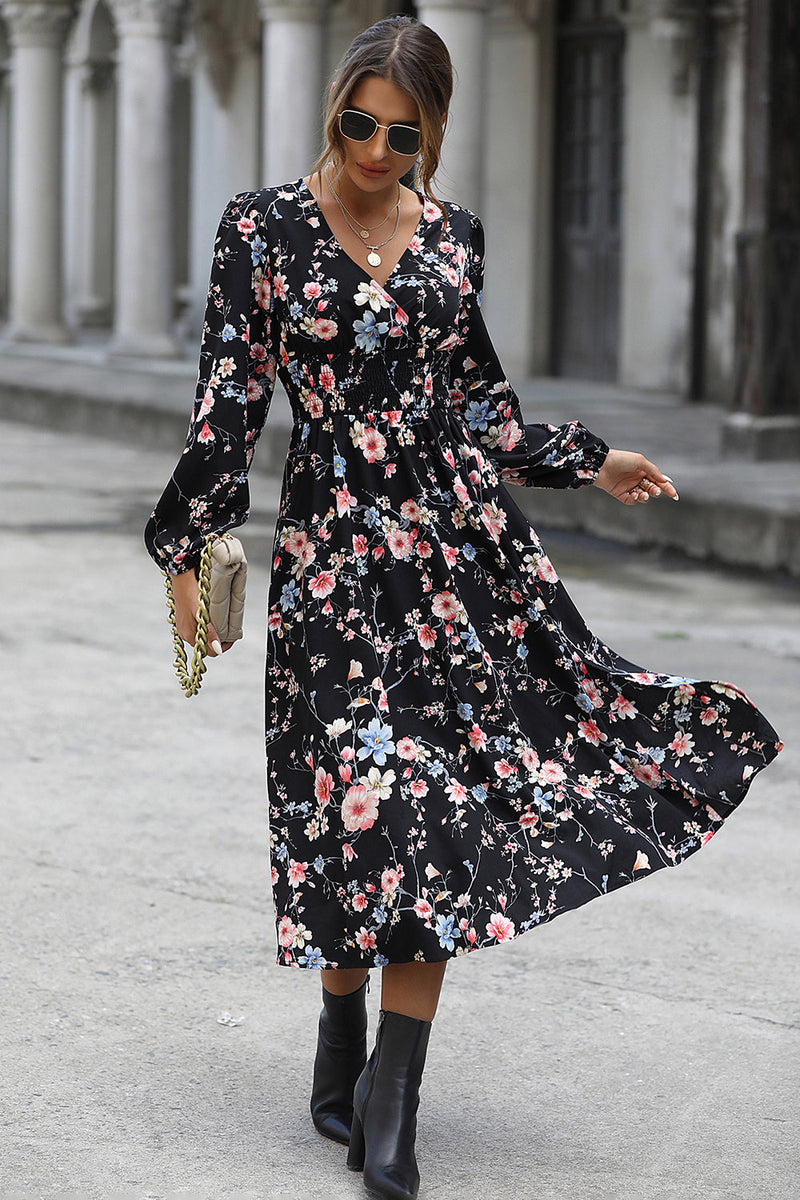 Load image into Gallery viewer, Floral Printed V-neck Long Sleeves Casual Dress