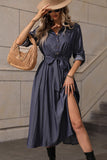 A Line Long Sleeves Navy Casual Dress with Belt