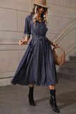 A Line Long Sleeves Navy Casual Dress with Belt