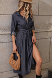 A Line Long Sleeves Navy Casual Dress with Belt