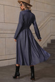 A Line Long Sleeves Navy Casual Dress with Belt