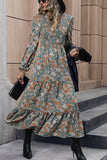 V-neck Green Printed Long Sleeves Casual Dress with Pleated