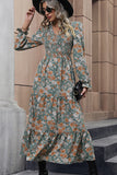 V-neck Green Printed Long Sleeves Casual Dress with Pleated