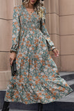 V-neck Green Printed Long Sleeves Casual Dress with Pleated