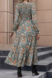 V-neck Green Printed Long Sleeves Casual Dress with Pleated