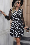 Long Sleeves Black Printed Casual Dress with Slit