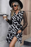 Long Sleeves Black Printed Casual Dress with Slit