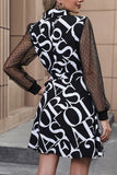 Long Sleeves Black Printed Casual Dress with Slit