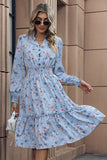 Floral Printed V-neck Long Sleeves A Line Casual Dress