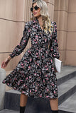 Floral Printed V-neck Long Sleeves A Line Casual Dress