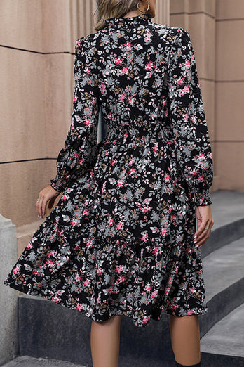 Floral Printed V-neck Long Sleeves A Line Casual Dress