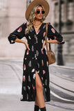 Black Feathers Print Long Sleeves Casual Dress with Slit