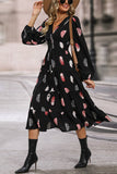 Black Feathers Print Long Sleeves Casual Dress with Slit