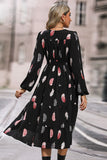 Black Feathers Print Long Sleeves Casual Dress with Slit