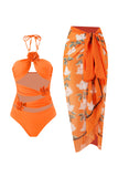 Orange Two Piece Floral Swimwear with Flowers