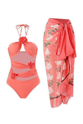 Orange Two Piece Floral Swimwear with Flowers