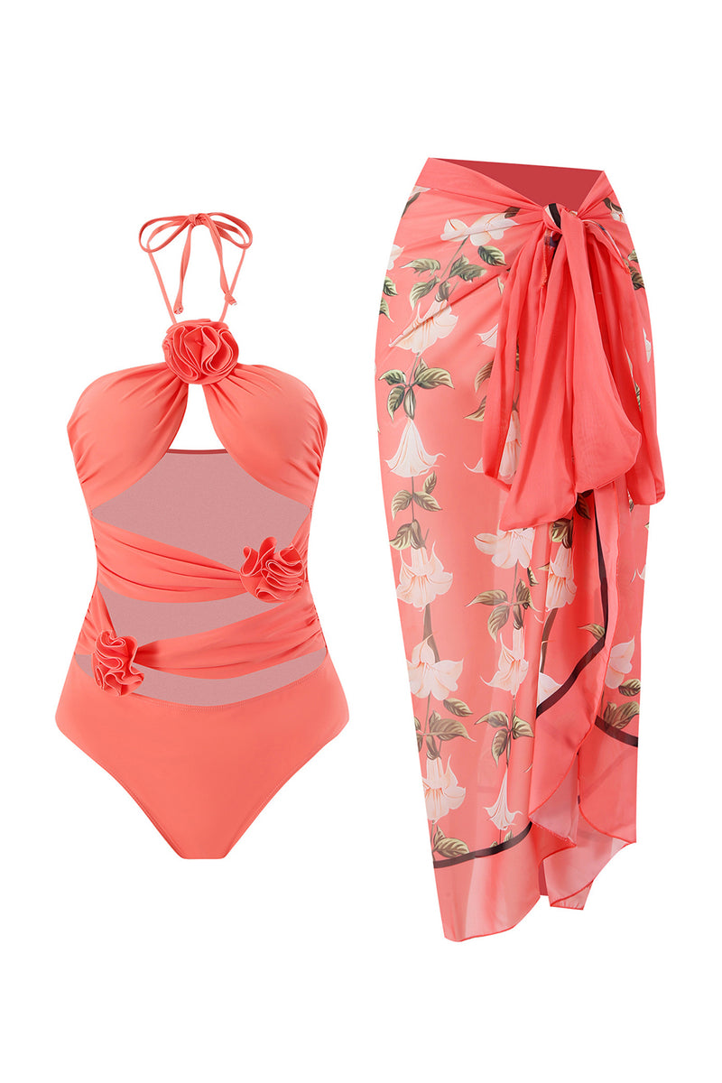 Load image into Gallery viewer, Orange Two Piece Floral Swimwear with Flowers