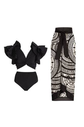 Black 3 Piece Printed Swimwear with Skirt