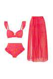 Fuchsia Printed 3 Piece Vacation Swimwear with Skirt