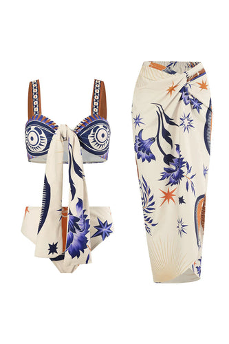 Beige Floral Printed 2 Piece Swimwear with Skirt
