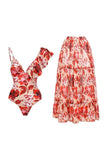 Red Leaves Printed 2 Piece Swimwear with Skirt