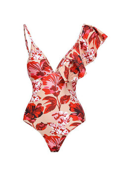 Red Leaves Printed 2 Piece Swimwear with Skirt