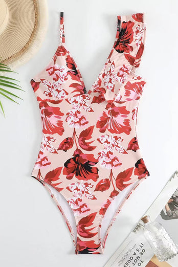 Red Leaves Printed 2 Piece Swimwear with Skirt
