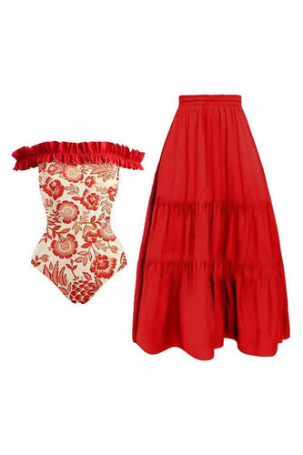 Red Floral Printed 2 Piece Swimwear with Skirt