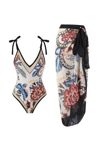 Black Floral Print 2 Piece Swimwear with Skirt