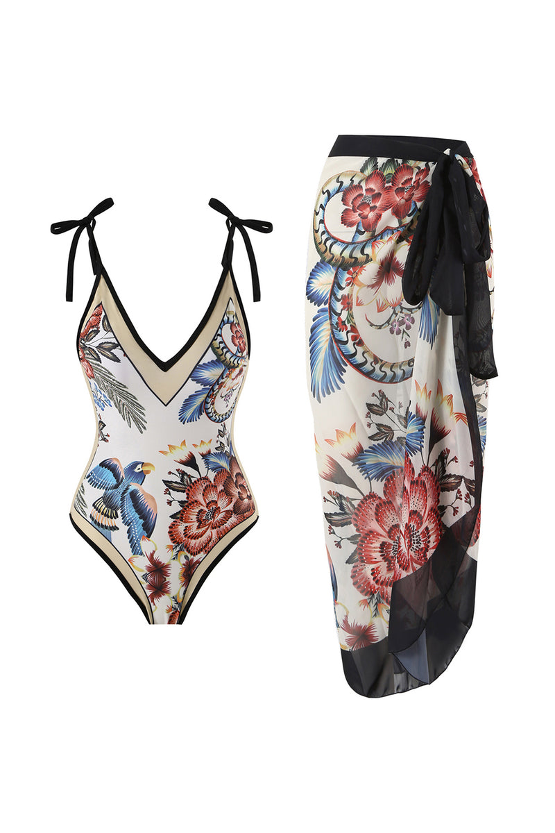 Load image into Gallery viewer, Black Floral Print 2 Piece Swimwear with Skirt