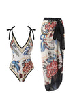 Black Floral Print 2 Piece Swimwear with Skirt