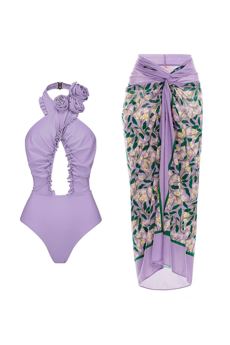 Load image into Gallery viewer, Purple Floral Print 2 Piece Swimwear with Skirt