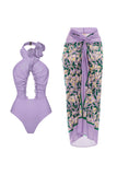 Purple Floral Print 2 Piece Swimwear with Skirt