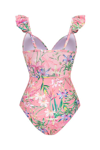 Pink Floral Print 2 Piece Swimwear with Skirt
