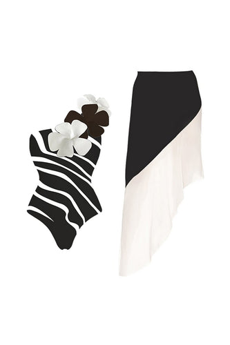 Black White Patchwork 2 Piece Swimwear with Flowers