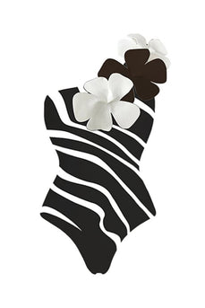 Black White Patchwork 2 Piece Swimwear with Flowers
