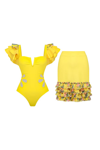 Yellow 2 Piece Swimwear with Flounce