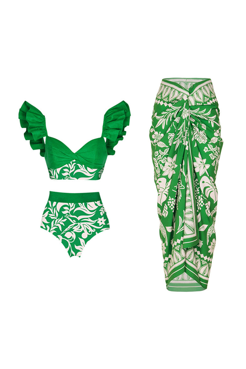 Load image into Gallery viewer, Green Floral Print 3 Piece Swinwear with Ruffles