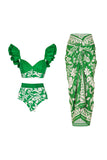 Green Floral Print 3 Piece Swinwear with Ruffles