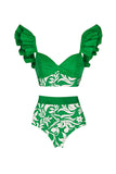 Green Floral Print 3 Piece Swinwear with Ruffles