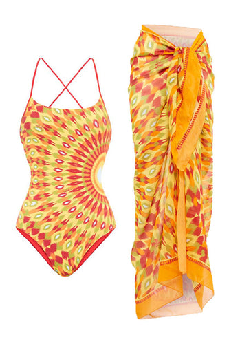 Yellow Print 2 Piece Swimwear with Skirt