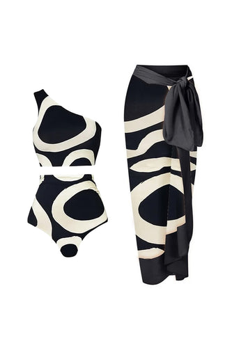 Black and White Print 2 Piece Swimwear with Skirt